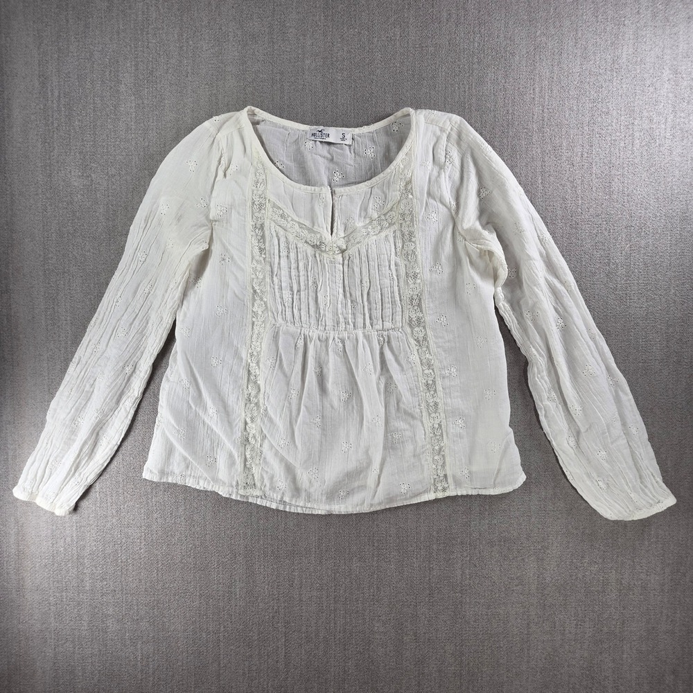 Hollister Peasant Top Women Small White Eyelet‎ Lace Boho Long Sleeve Blouse